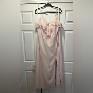 Blushing pink Azazie maxi bridesmaid dress